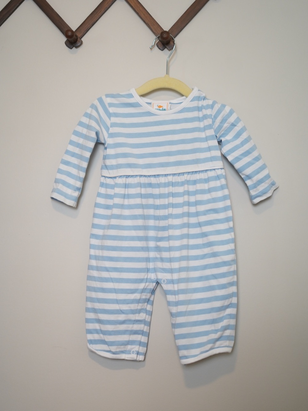 Stitchy Fish Striped Light Blue & White Long Romper
